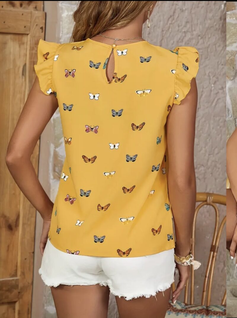 Cute Butterfly Print Keyhole Blouse - Image 3