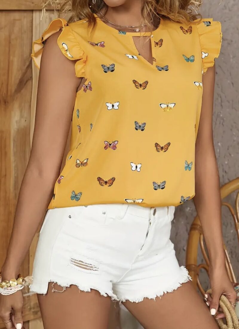 Cute Butterfly Print Keyhole Blouse