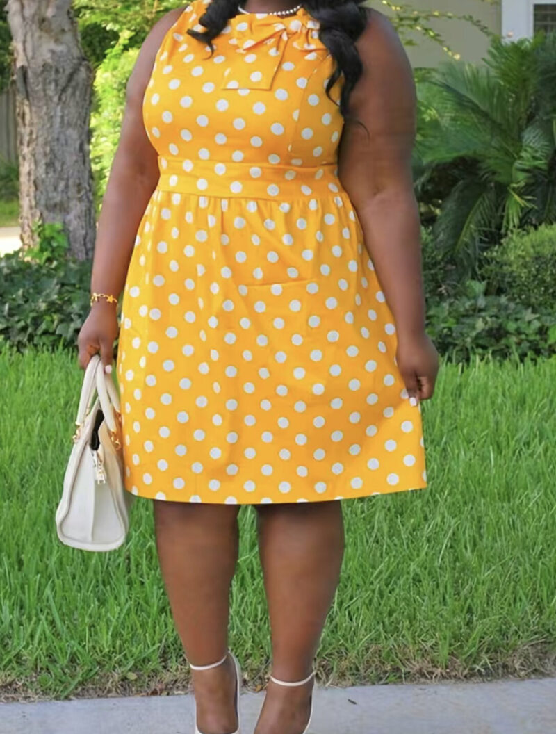 Elegant Plus Size Polka Dot Midi Dress With Bow Tie Design