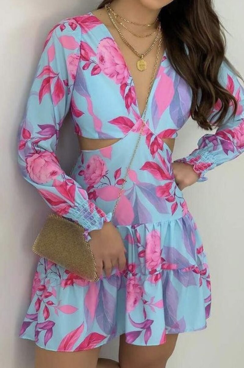 Cutout Frill Hem Ruched Tropical Print Dress